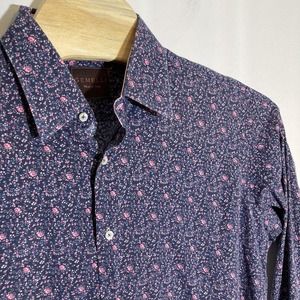 Gemelli Men's Size 17 43 Floral Blue Pink Button‎ Down Shirt Flip Cuff Italy